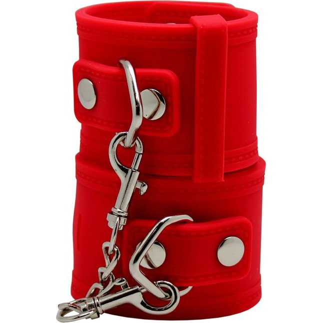 Красные силиконовые наручники с фиксацией и ключиком. Фотография 3.