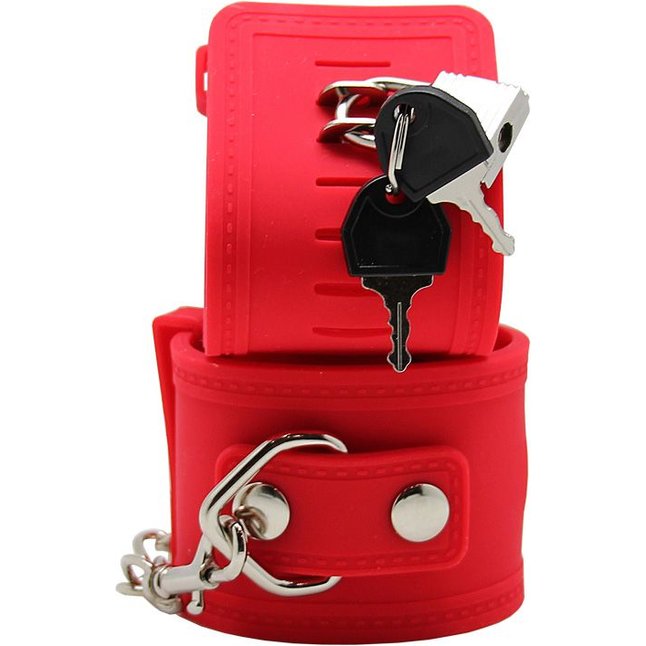 Красные силиконовые наручники с фиксацией и ключиком. Фотография 4.