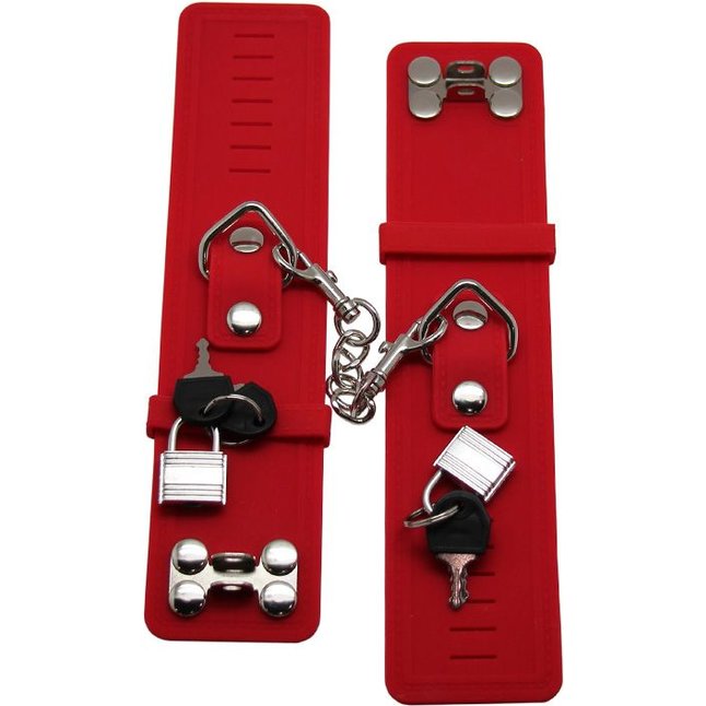 Красные силиконовые наручники с фиксацией и ключиком. Фотография 5.