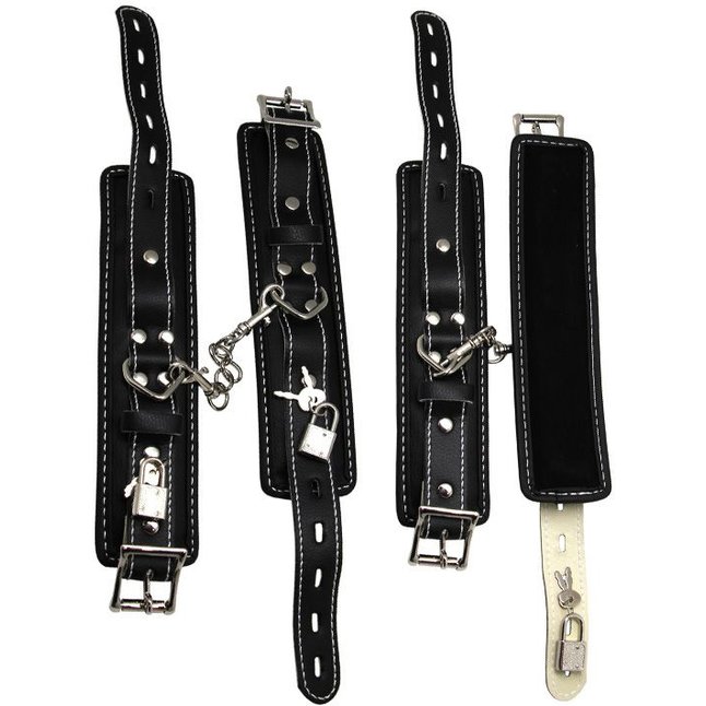 Черные регулируемые наручники с подкладом на карабинах. Фотография 4.