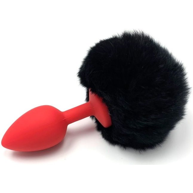 Красная анальная пробка с пушистым черным хвостиком зайки