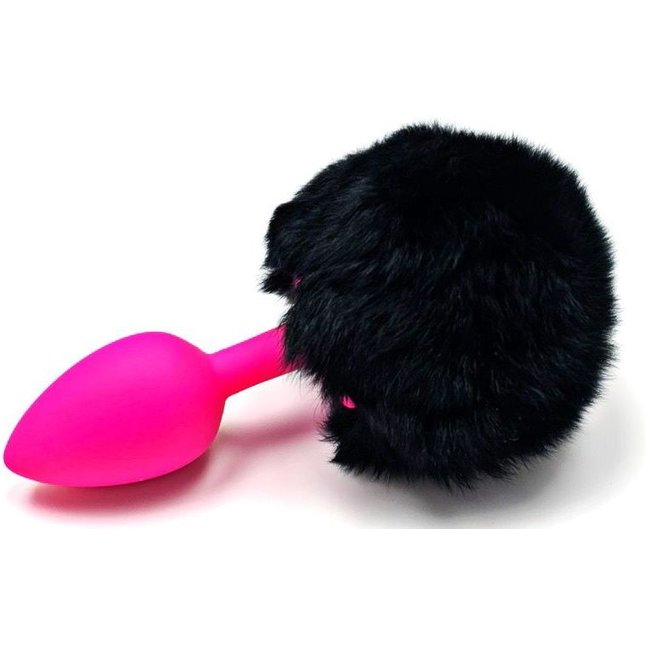 Розовая анальная пробка с пушистым черным хвостиком зайки
