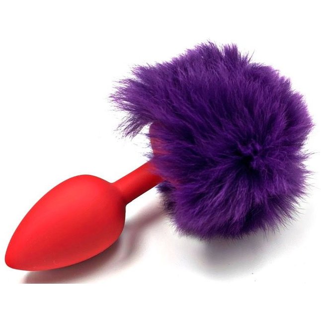 Красная силиконовая анальная пробка с пушистым фиолетовым хвостиком