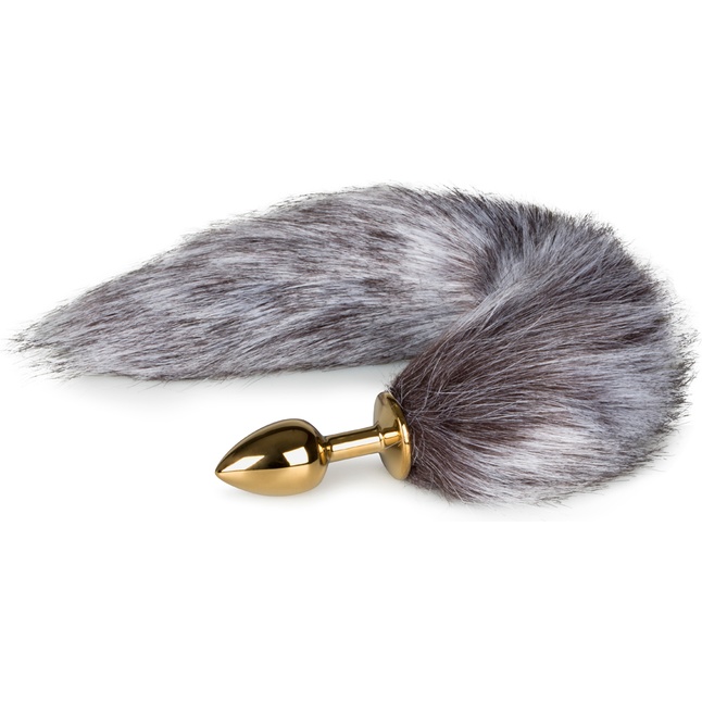 Золотистая анальная пробка с серым пушистым хвостом Fox Tail Plug - Fetish Collection