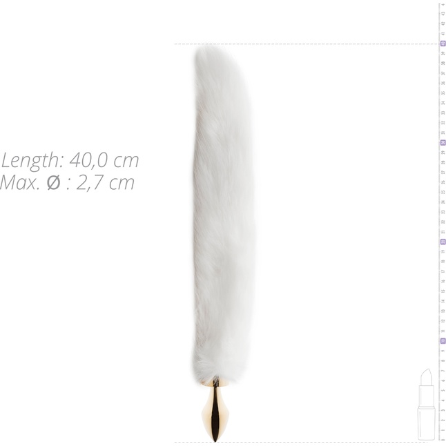 Золотистая анальная пробка с белым пушистым хвостом Fox Tail Plug - Fetish Collection. Фотография 3.