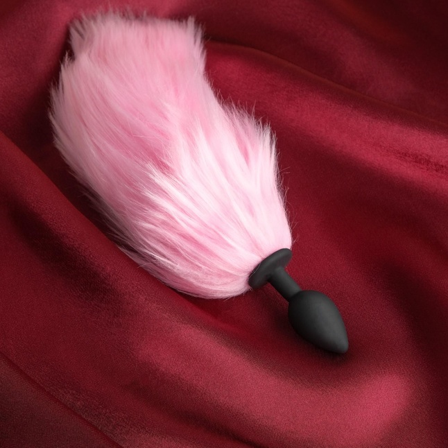 Черная анальная пробка с розовым светящимся хвостом - Оки-Чпоки