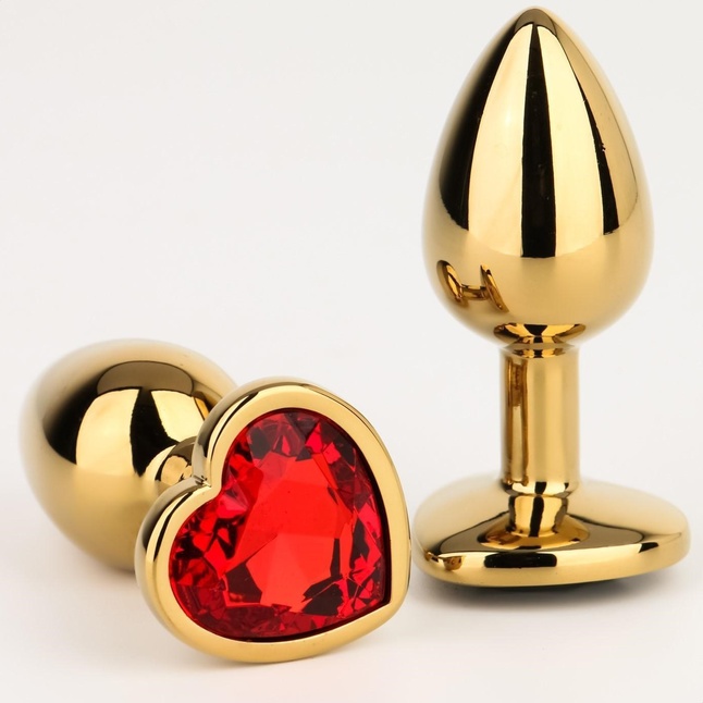 Золотистая анальная пробка с красным кристаллом в форме сердца - 7 см - Оки-Чпоки