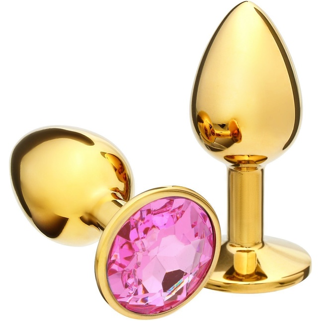 Золотистая анальная пробка с розовым кристаллом - Оки-Чпоки