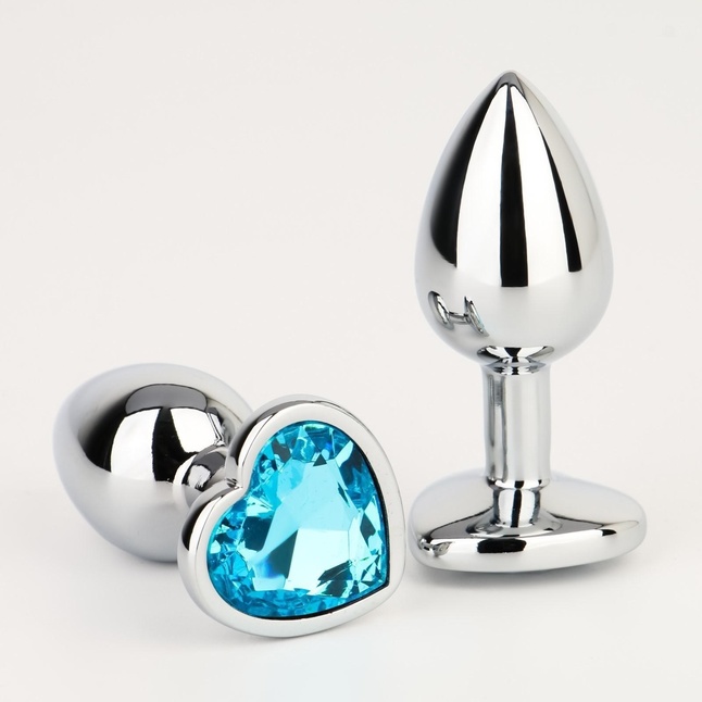 Серебристая анальная пробка с голубым кристаллом в форме сердца - 7 см - Оки-Чпоки