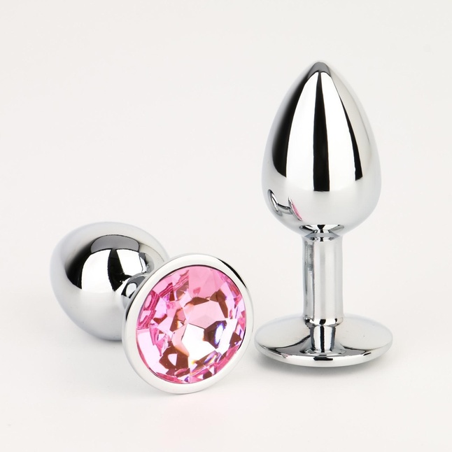 Серебристая анальная втулочка с розовым кристаллом - 7 см - Оки-Чпоки