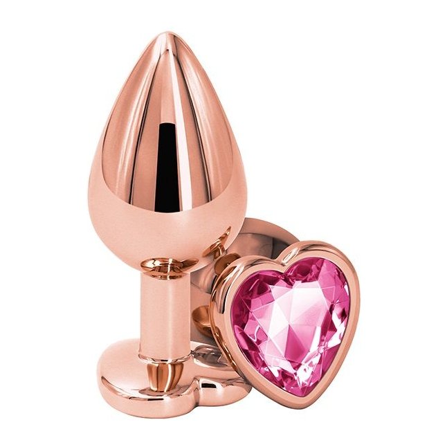 Золотистая анальная втулка с розовым кристаллом в виде сердечка - 7 см