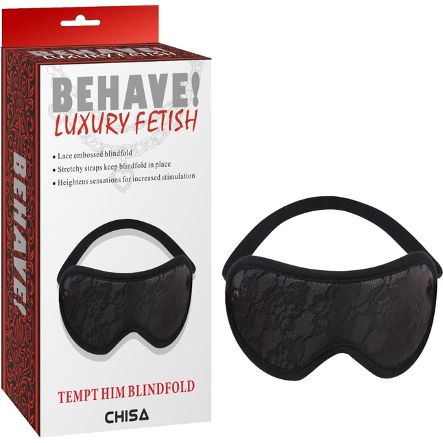 Черная плотная маска на глаза с кружевом Tempt Him Blindfold - Behave!. Фотография 2.
