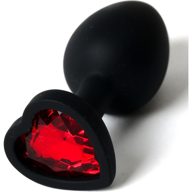 Черная анальная силиконовая пробка с красным стразом-сердцем - 7,5 см. Фотография 2.