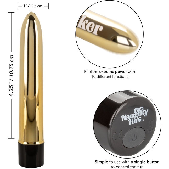 Золотистый классический вибратор Naughty Bits Gold Dicker Personal Vibrator - 19 см - Naughty Bits. Фотография 6.