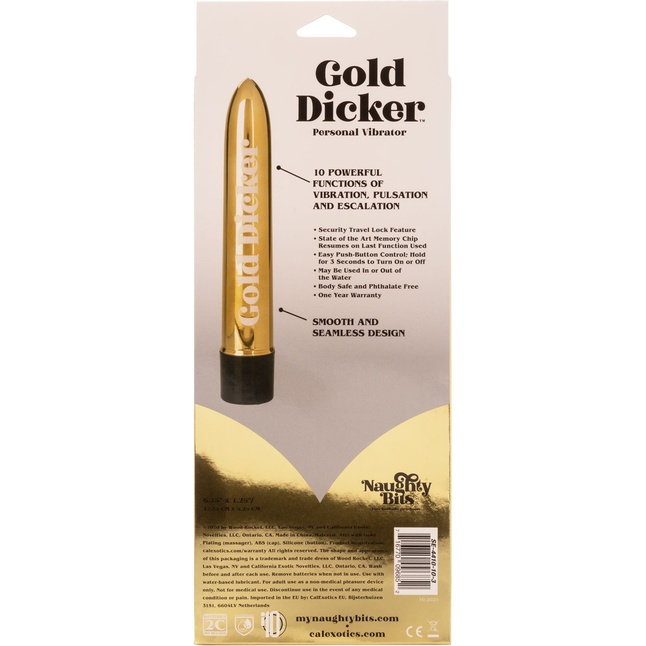 Золотистый классический вибратор Naughty Bits Gold Dicker Personal Vibrator - 19 см - Naughty Bits. Фотография 8.