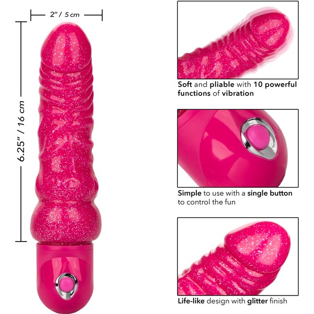 Розовый вибратор-реалистик с блестками Naughty Bits Lady Boner Bendable Personal Vibrator - 20 см - Naughty Bits. Фотография 6.