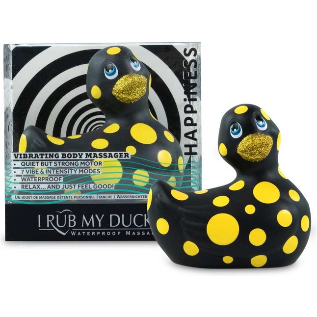 Черный вибратор-уточка I Rub My Duckie 2.0 Happiness в жёлтый горох. Фотография 2.