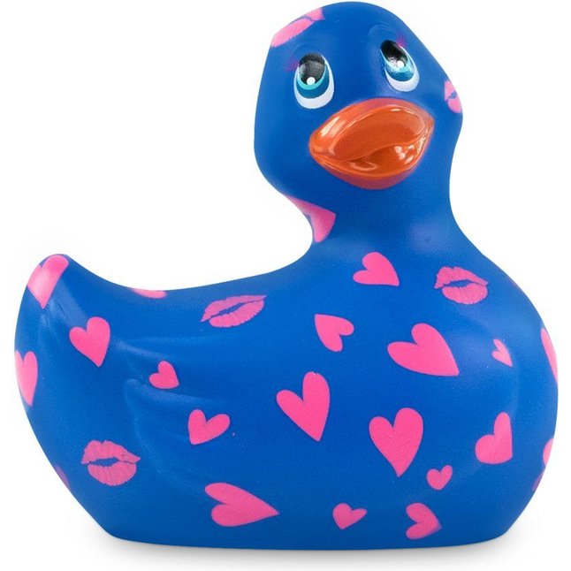 Синий вибратор-уточка I Rub My Duckie 2.0 Romance с розовым принтом