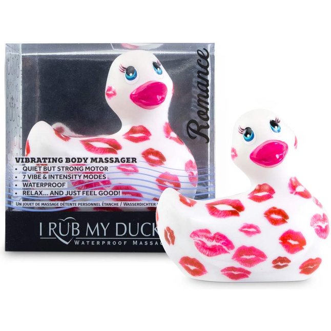 Белый вибратор-уточка I Rub My Duckie 2.0 Romance с розовым принтом. Фотография 2.