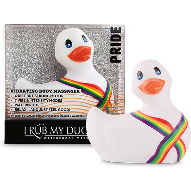 Белый вибратор-уточка I Rub My Duckie 2.0 Pride. Фотография 2.