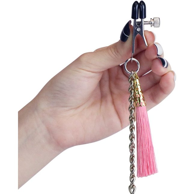Зажимы на соски и половые губы с розовыми кисточками Nipple Clit Tassel Clamp With Chain. Фотография 3.
