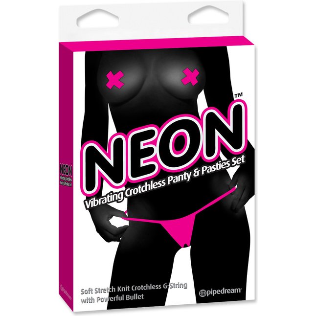 Ярко-розовые вибротрусики с вырезом и пэстисы Neon Vibrating Crotchless Panty and Pasties Set - Neon Luv Touch. Фотография 2.