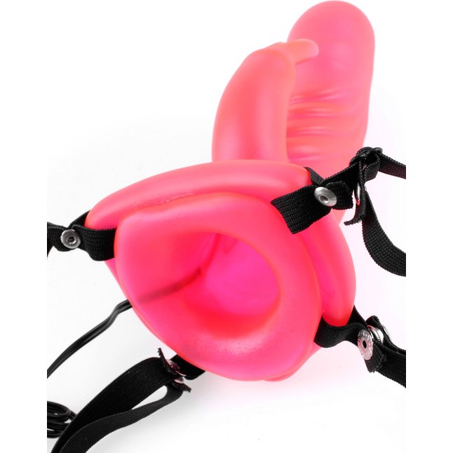 Розовый мужской полый страпон с вибрацией и клиторальным стимулятором - Fetish Fantasy Series. Фотография 5.