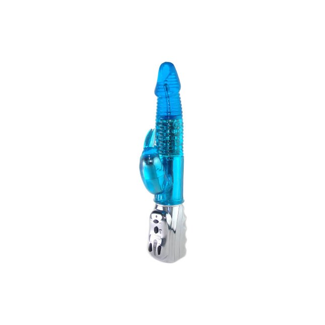 Синий вибратор с ротацией и клиторальной стимуляцией - 26,5 см
