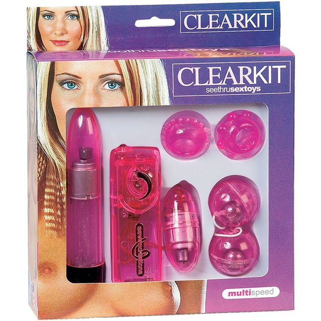 Набор CLEAR VIBRATORKIT: вибратор, вагинальные шарики, 2 эрекционных кольца и виброяйцо. Фотография 2.