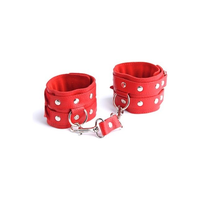 Красные кожаные наручники с велюровой подкладкой - BDSM accessories