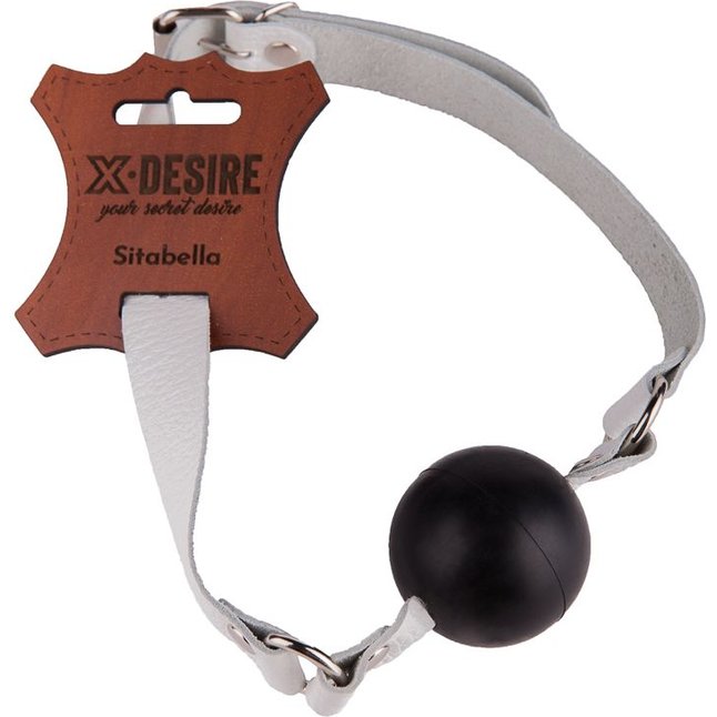 Черный кляп-шар на белых кожаных ремешках - BDSM accessories. Фотография 2.