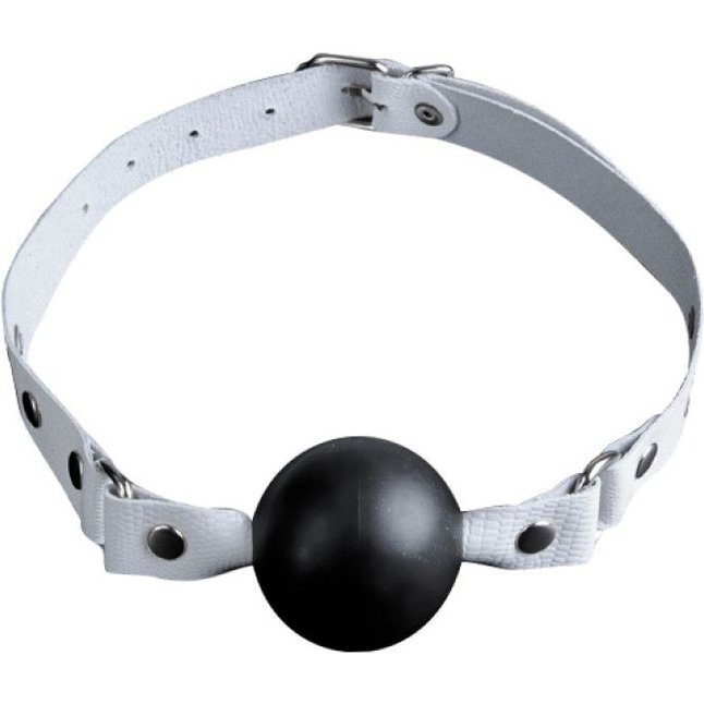 Черный кляп-шар на белых кожаных ремешках - BDSM accessories. Фотография 5.