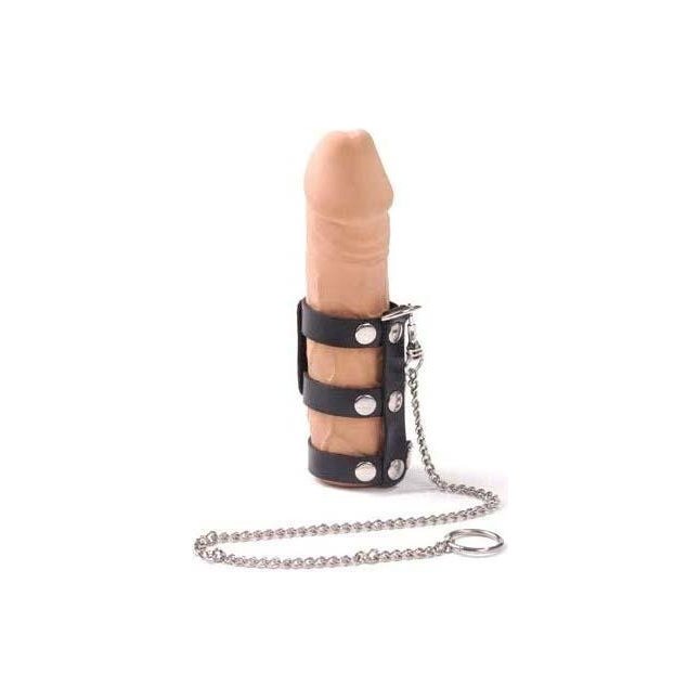 Чёрный кожаный поводок на пенис с 3 ремешками - BDSM accessories