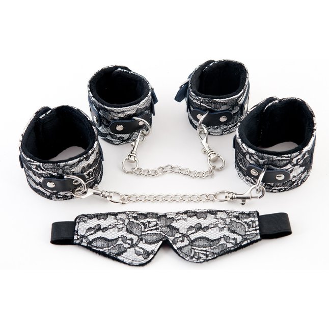Серебристый кружевной набор: наручники, оковы и маска - Marcus