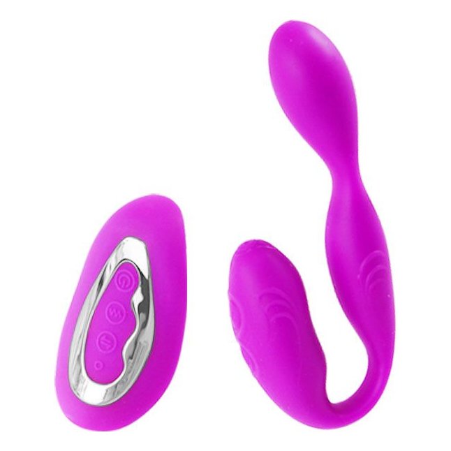 Фиолетовый вагинально-клиторальный вибромассажер с пультом ДУ - 13,5 см - Pretty Love