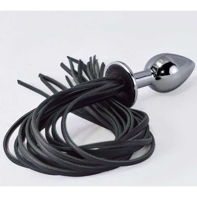Серебристая анальная пробка с черной плетью - BDSM accessories