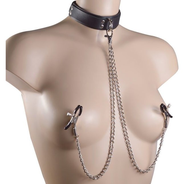 Черный ошейник с металлическими зажимами на соски и поводком - BDSM accessories