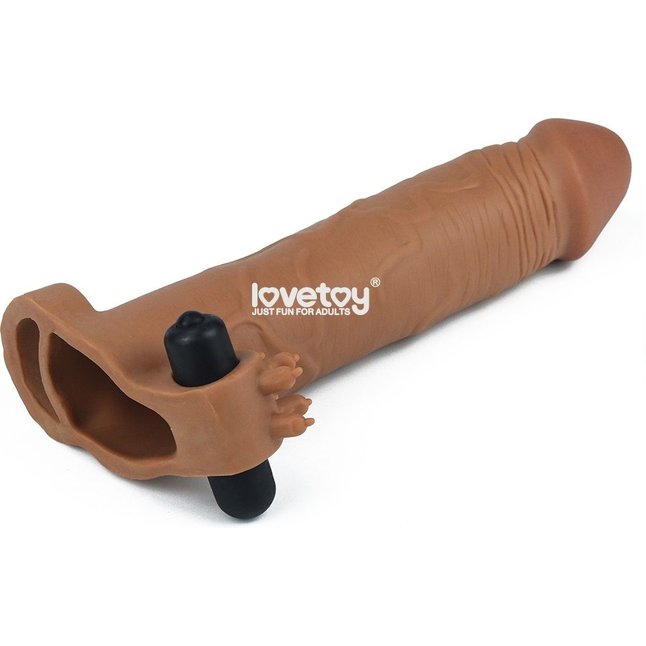 Коричневая вибронасадка-удлинитель на пенис Add 3 Pleasure X Tender Vibrating Penis Sleeve - 19,5 см. Фотография 3.