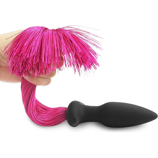 Черная анальная пробка с розовым хвостом Silicone Anal Plug with Pony Tail. Фотография 7.