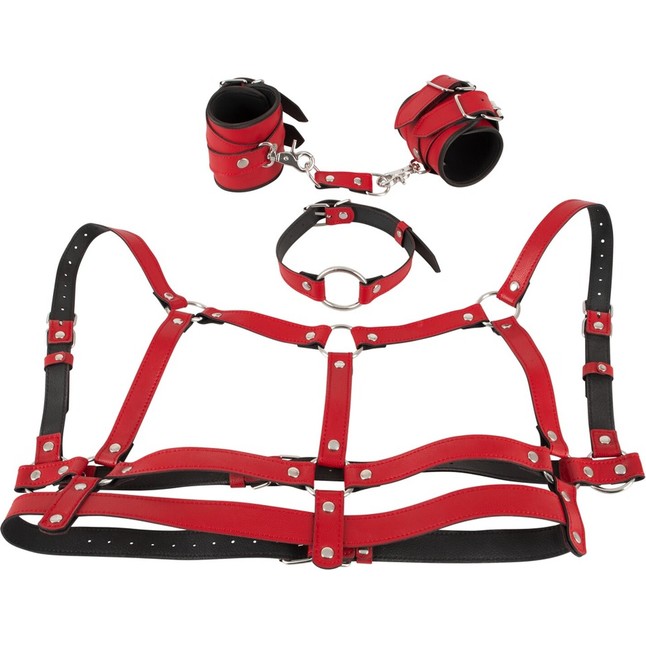 Красный комплект БДСМ-аксессуаров Harness Set - Bad Kitty. Фотография 2.