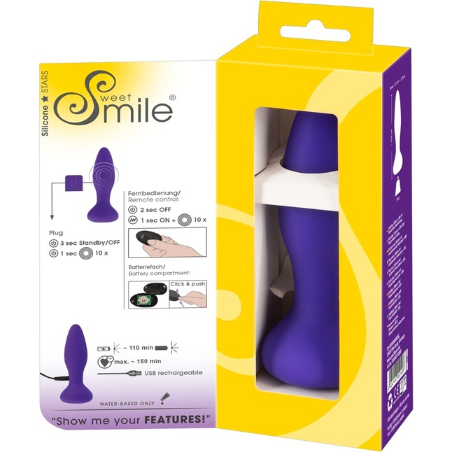 Фиолетовая анальная вибропробка RC Butt Plug - 14,5 см - Sweet Smile. Фотография 9.