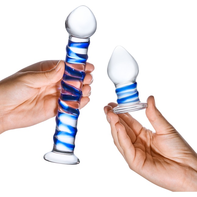 Набор из 2 стеклянных игрушек с синей спиралью Swirly Dildo Buttplug Set. Фотография 3.