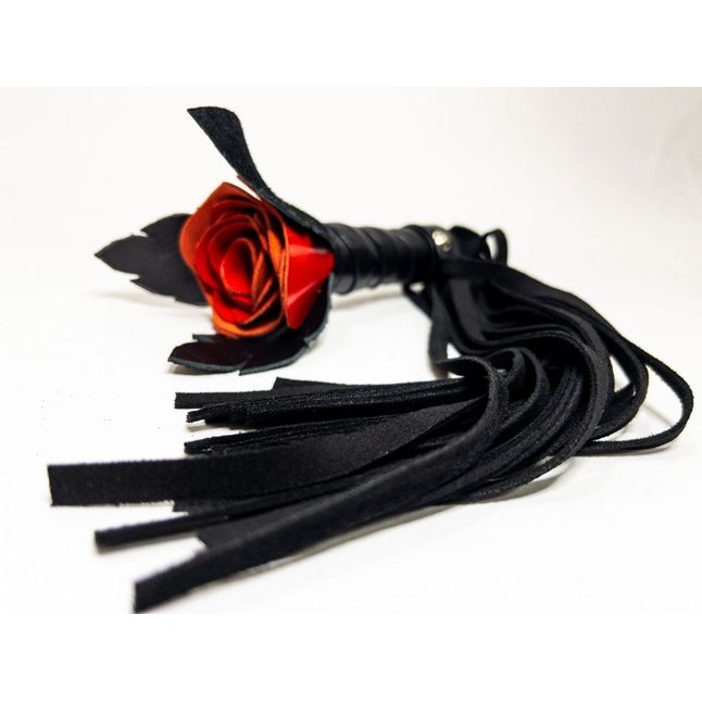 Черная замшевая плеть с красной лаковой розой в рукояти - 40 см