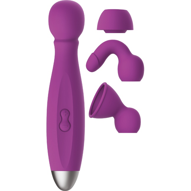 Фиолетовый вибратор с 3 насадками Queenpin - 15 см - Vibes of Love