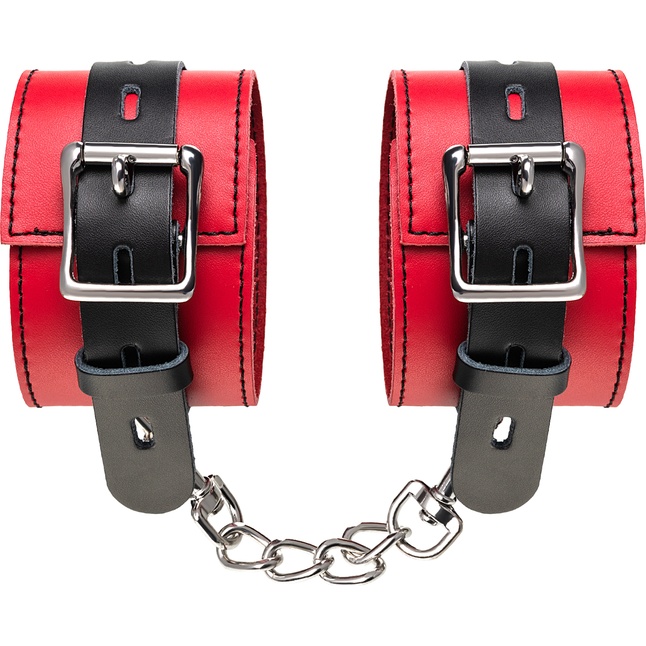 Красно-черные кожаные наручники со сцепкой - Theatre. Фотография 6.
