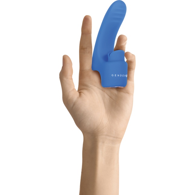 Синяя вибронасадка на палец с подвижным язычком Flick It. Фотография 2.