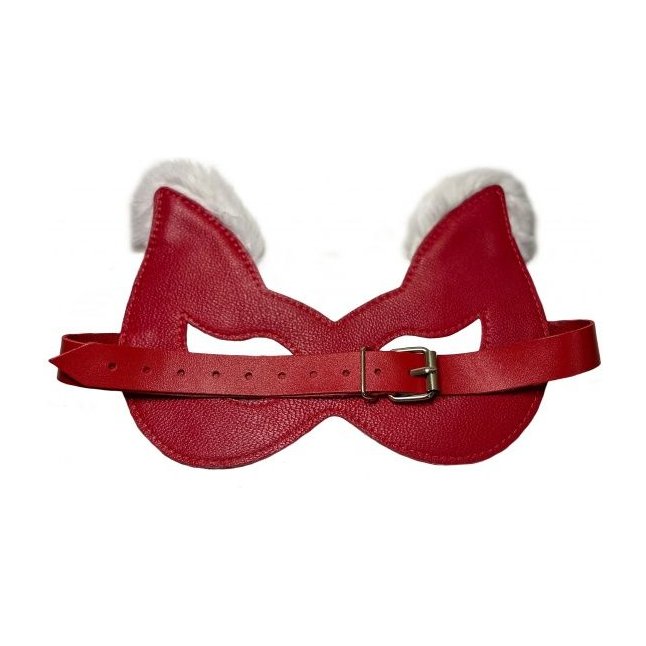 Красная маска из натуральной кожи с белым мехом на ушках. Фотография 3.