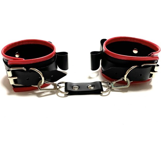 Черно-красные наручники с бантиками из эко-кожи. Фотография 3.