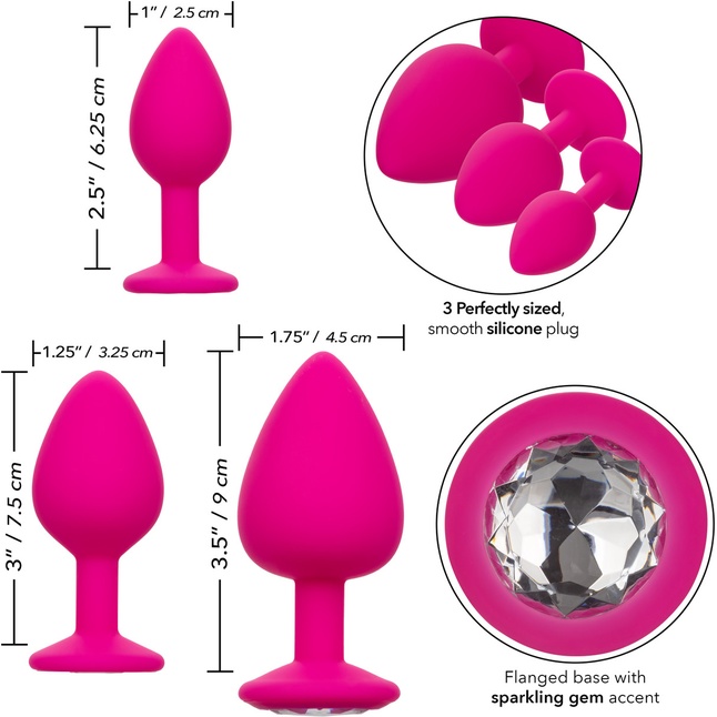 Набор из трёх розовых анальных пробок с кристаллом Cheeky Gems - Anal Toys. Фотография 3.