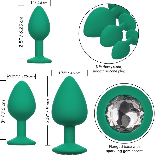 Набор из трёх зеленых анальных пробок с кристаллом Cheeky Gems - Anal Toys. Фотография 3.